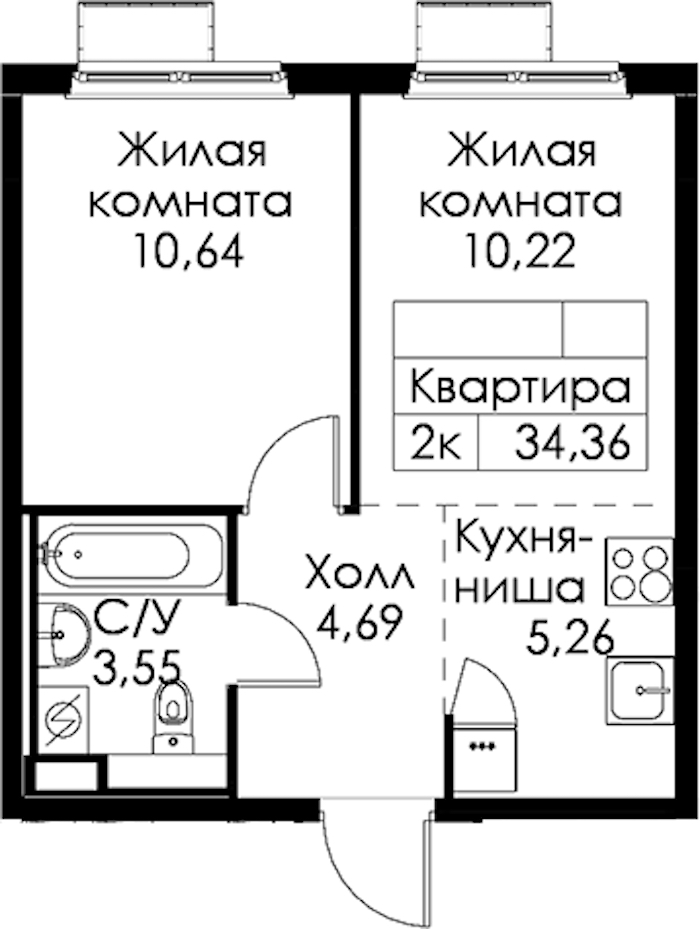 1-комнатная квартира 34.36 м², 6/15 эт., ЖК «Янинский лес»